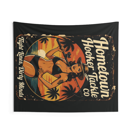 Hometown Hooker Tackle Co. Tight Lines, Dirty Minds- Retro Beach Pinup Wall Tapestry