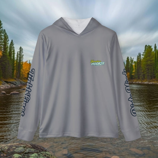 Hometown Hooker Tackle Co UPF 50+ Hooded Fishing Shirt –Grey-Lightweight Sun Protection Hoodie, Moisture-Wicking Performance Sun Shirt for Anglers – Tight Lines, Dirty Minds