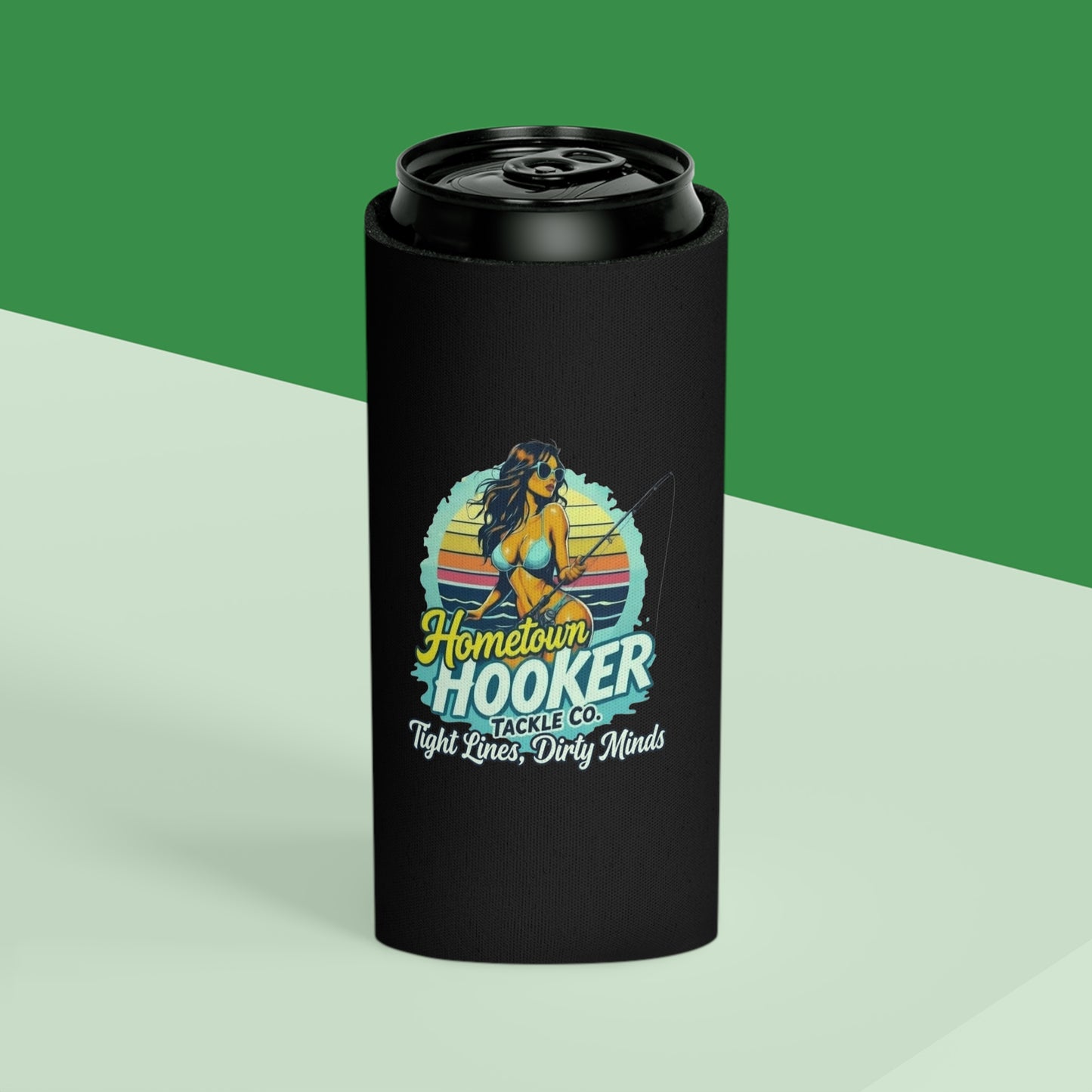 Hometown Hooker Tackle Co Can Cooler – Tight Lines, Dirty Minds Retro Fishing Koozie