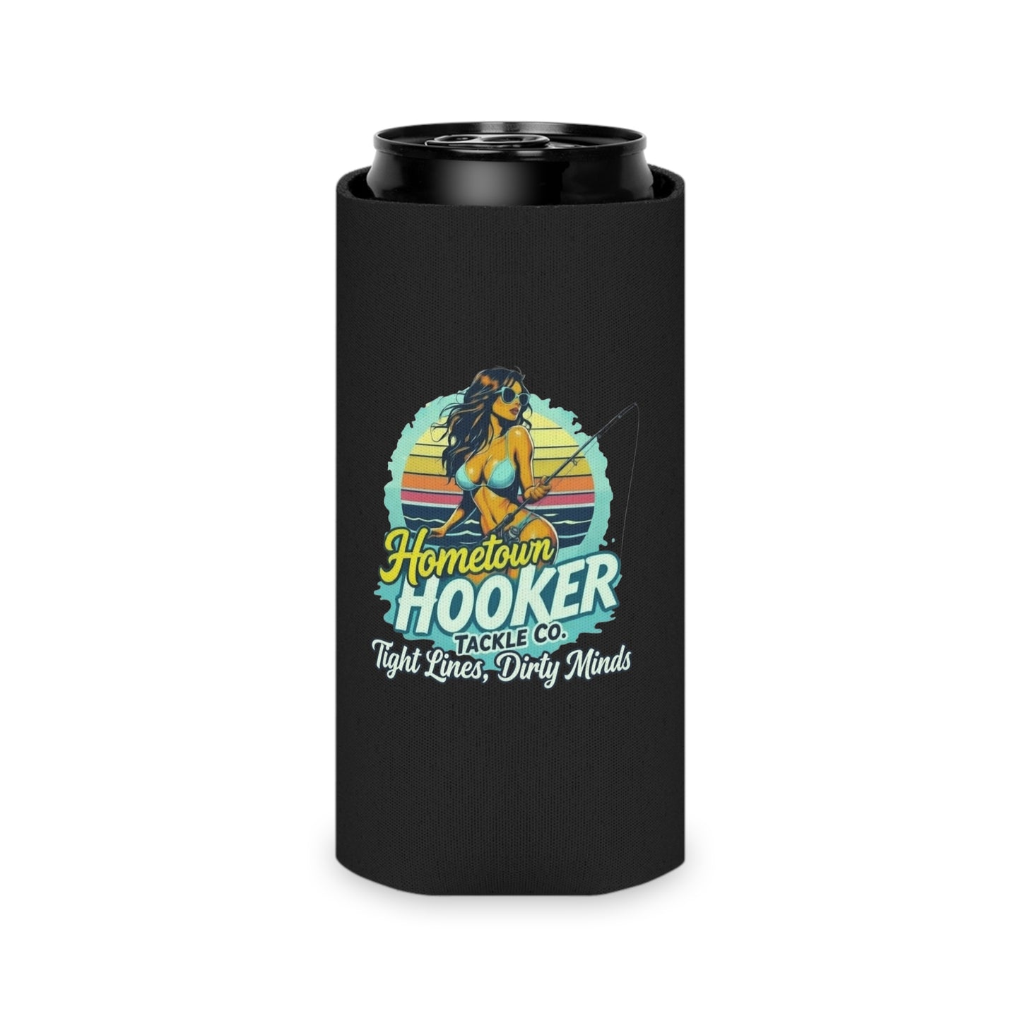 Hometown Hooker Tackle Co Can Cooler – Tight Lines, Dirty Minds Retro Fishing Koozie