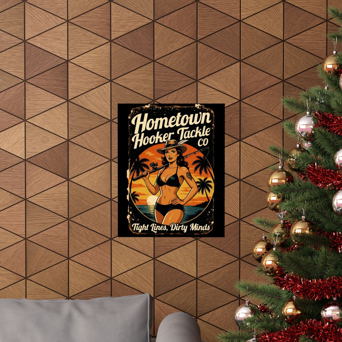 Hometown Hooker Tackle Co. Matte Poster — Retro Beach Pinup “Tight Lines, Dirty Minds”