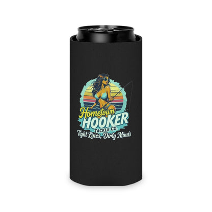 Hometown Hooker Tackle Co Can Cooler – Tight Lines, Dirty Minds Retro Fishing Koozie