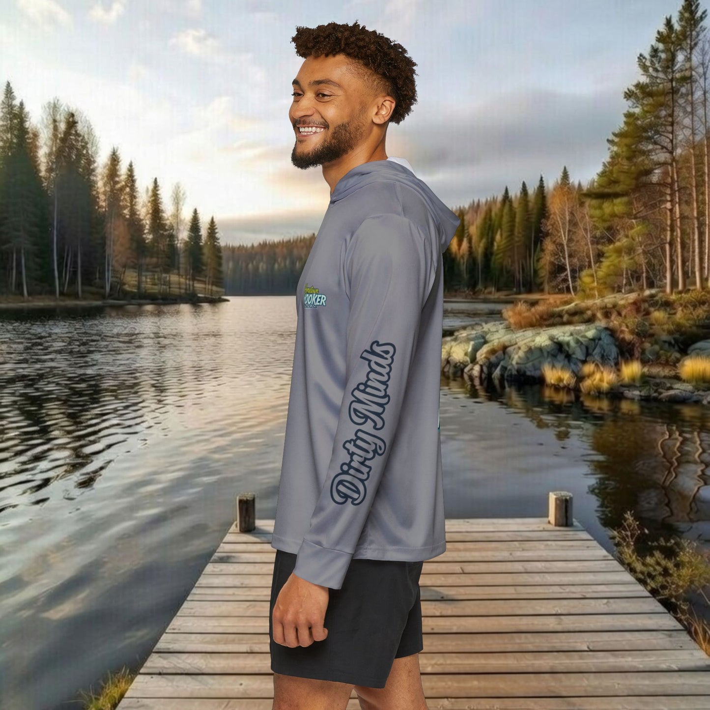 Hometown Hooker Tackle Co UPF 50+ Hooded Fishing Shirt –Grey-Lightweight Sun Protection Hoodie, Moisture-Wicking Performance Sun Shirt for Anglers – Tight Lines, Dirty Minds