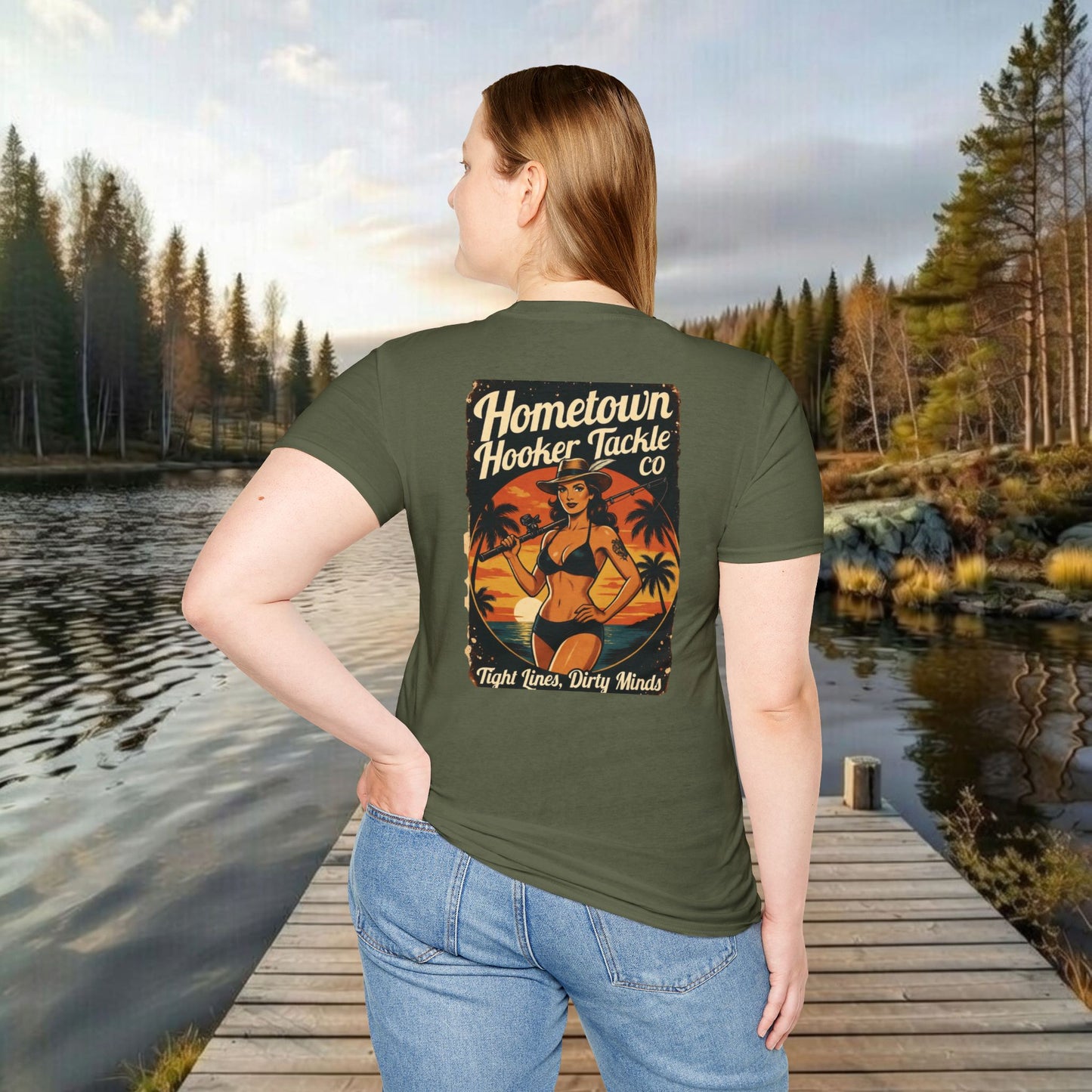 Hometown Hooker Tackle Co. Retro Pin-Up Graphic Tee-Unisex Funny Fishing T-Shirt