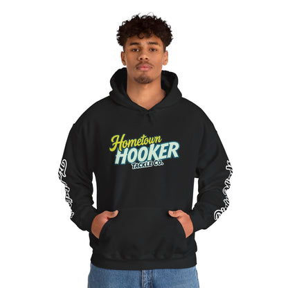 Hometown Hooker Tackle Co. Hoodie – Funny Fishing Hoodie, Retro Sunset Angler Graphic, Adult Humor Fisherman Sweatshirt, Tight Lines Dirty Minds Gift