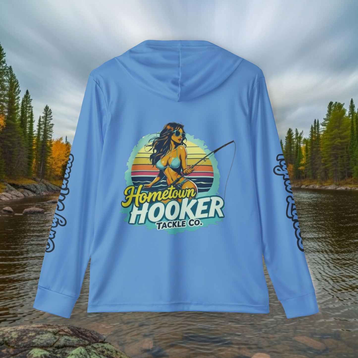 Hometown Hooker Tackle Co UPF 50+ Hooded Fishing Shirt - Blue– Lightweight Sun Protection Hoodie, Moisture-Wicking Performance Sun Shirt for Anglers – Tight Lines, Dirty Minds