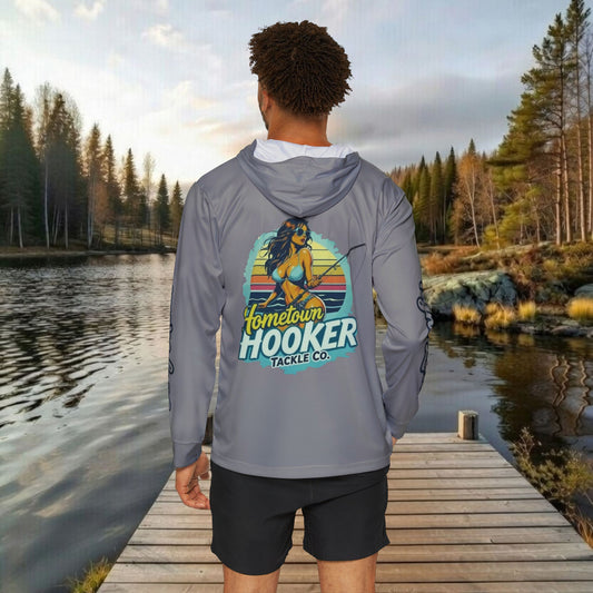 Hometown Hooker Tackle Co UPF 50+ Hooded Fishing Shirt –Grey-Lightweight Sun Protection Hoodie, Moisture-Wicking Performance Sun Shirt for Anglers – Tight Lines, Dirty Minds