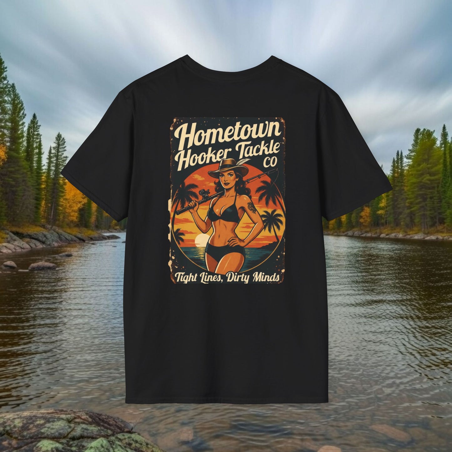Hometown Hooker Tackle Co. Retro Pin-Up Graphic Tee-Unisex Funny Fishing T-Shirt