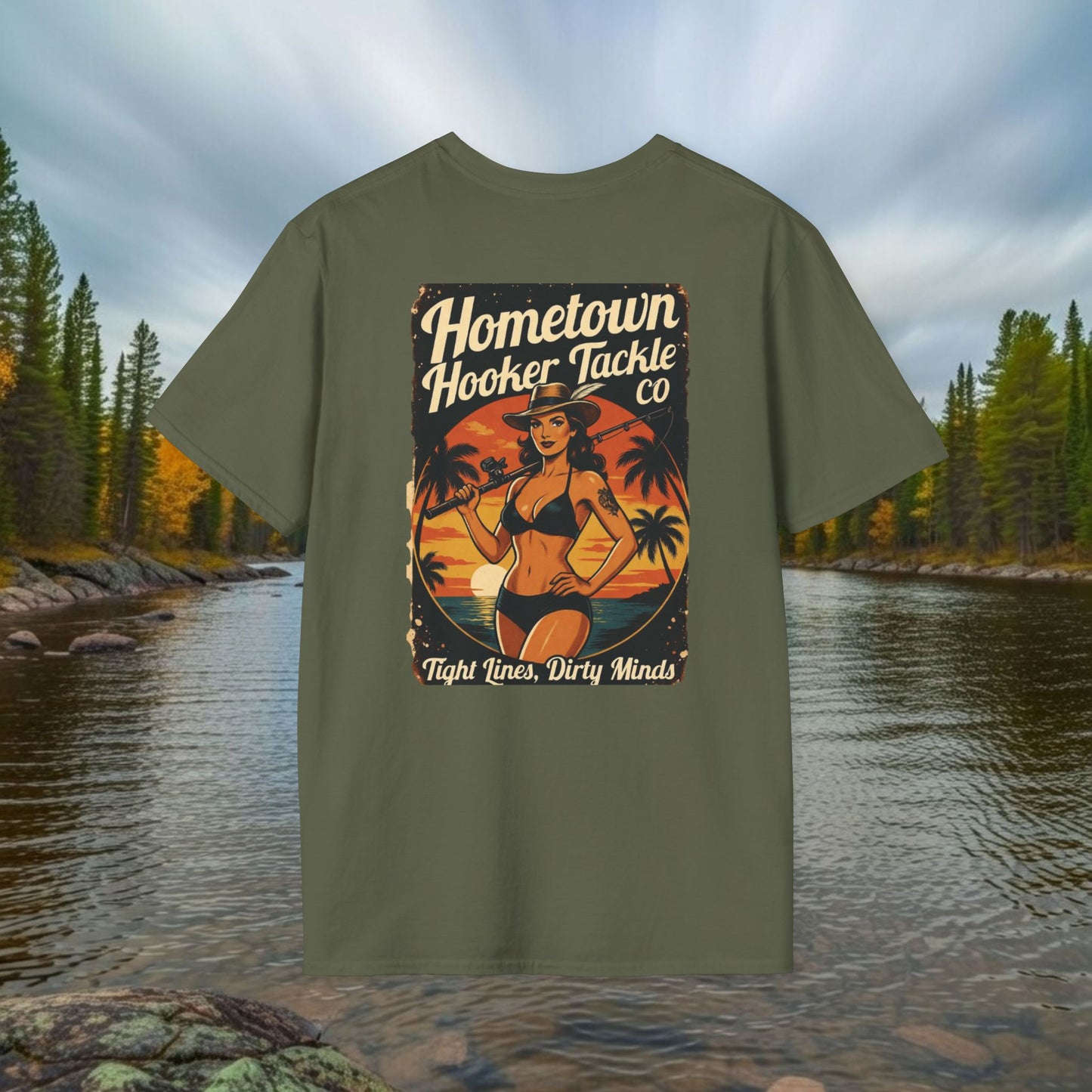 Hometown Hooker Tackle Co. Retro Pin-Up Graphic Tee-Unisex Funny Fishing T-Shirt