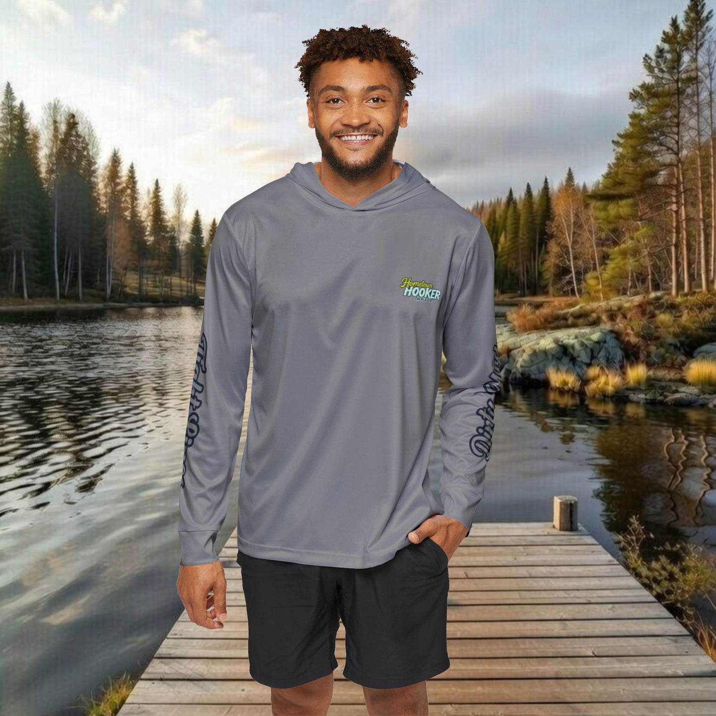 Hometown Hooker Tackle Co UPF 50+ Hooded Fishing Shirt –Grey-Lightweight Sun Protection Hoodie, Moisture-Wicking Performance Sun Shirt for Anglers – Tight Lines, Dirty Minds