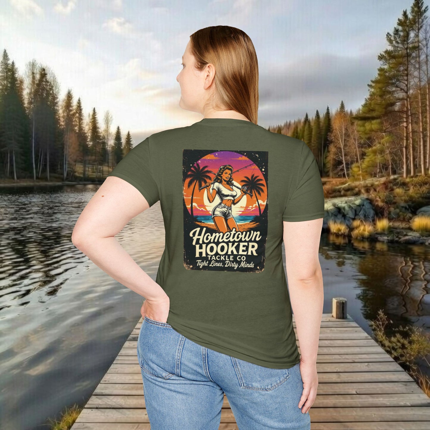 Hometown Hooker Tackle Co. Retro Pin-Up Tee | Funny Unisex Fishing Shirt