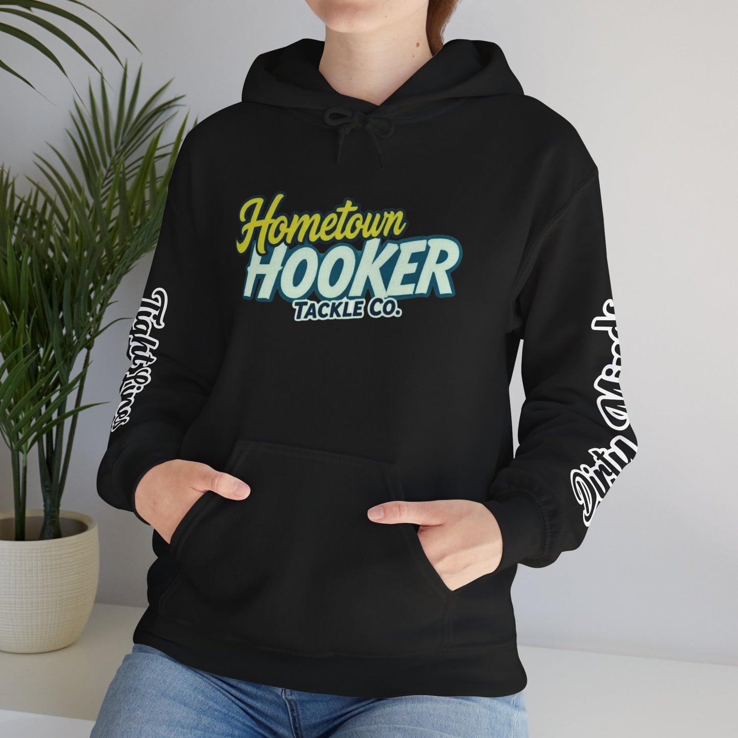 Hometown Hooker Tackle Co. Hoodie – Funny Fishing Hoodie, Retro Sunset Angler Graphic, Adult Humor Fisherman Sweatshirt, Tight Lines Dirty Minds Gift