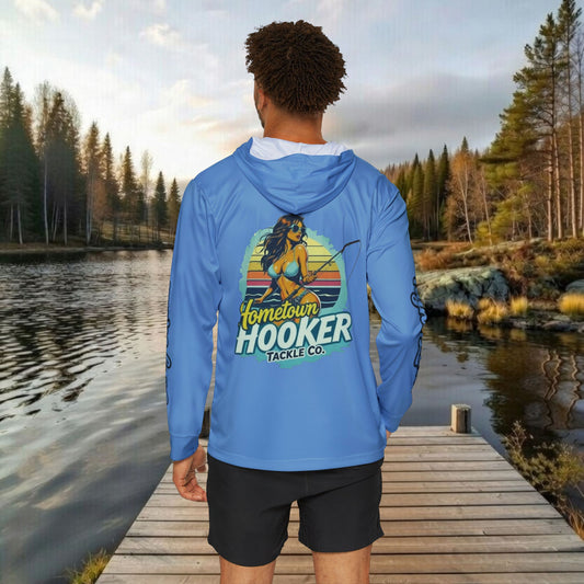 Hometown Hooker Tackle Co UPF 50+ Hooded Fishing Shirt - Blue– Lightweight Sun Protection Hoodie, Moisture-Wicking Performance Sun Shirt for Anglers – Tight Lines, Dirty Minds