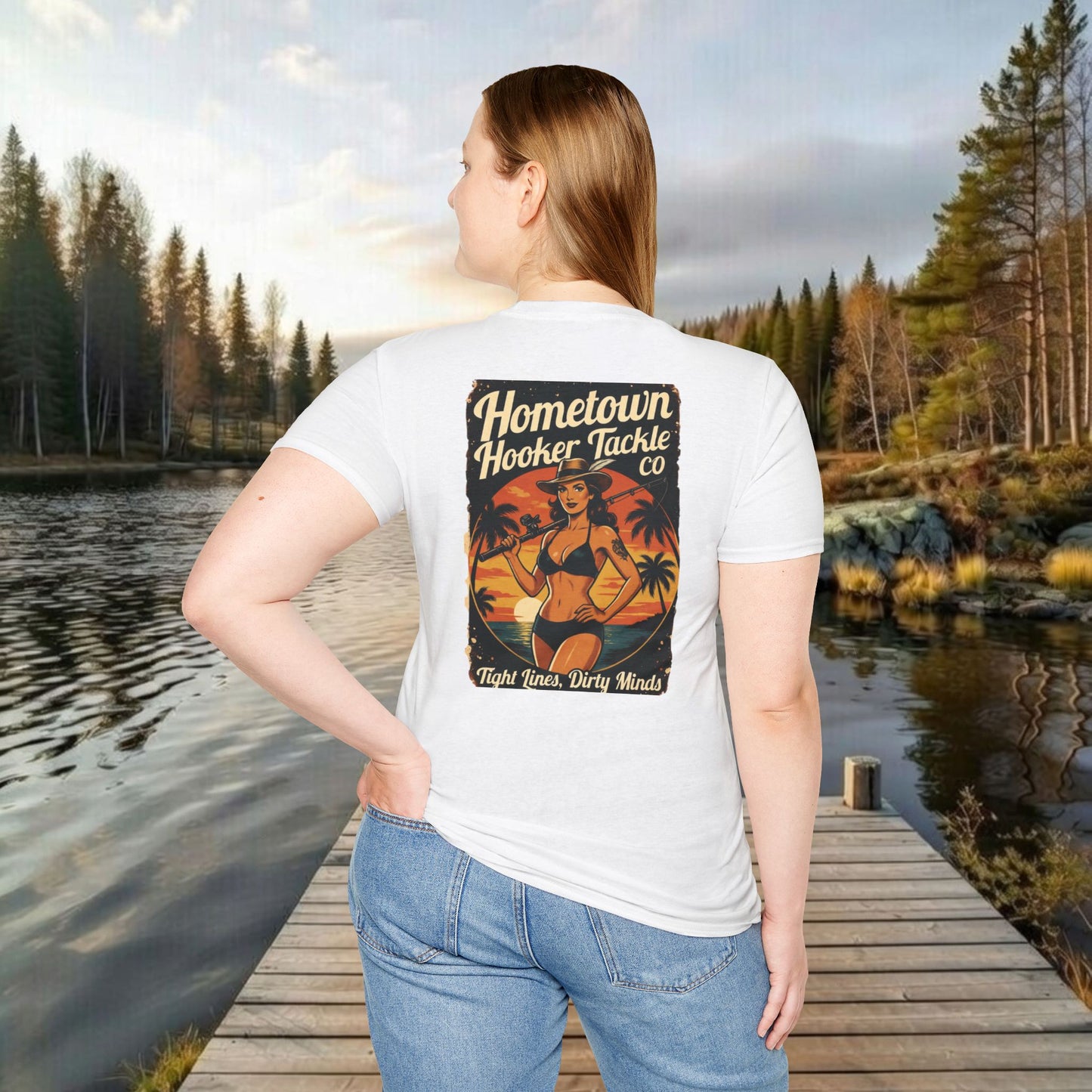 Hometown Hooker Tackle Co. Retro Pin-Up Graphic Tee-Unisex Funny Fishing T-Shirt