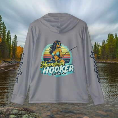 Hometown Hooker Tackle Co UPF 50+ Hooded Fishing Shirt –Grey-Lightweight Sun Protection Hoodie, Moisture-Wicking Performance Sun Shirt for Anglers – Tight Lines, Dirty Minds