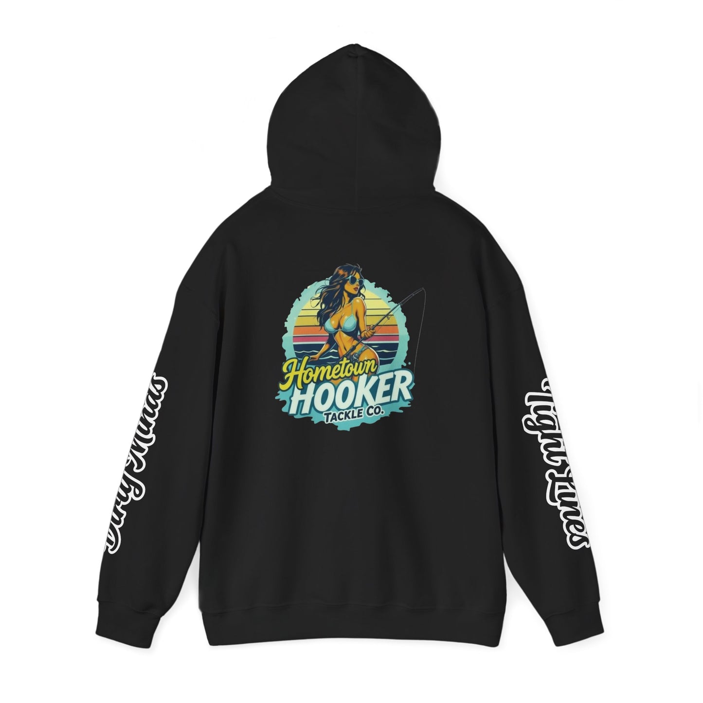 Hometown Hooker Tackle Co. Hoodie – Funny Fishing Hoodie, Retro Sunset Angler Graphic, Adult Humor Fisherman Sweatshirt, Tight Lines Dirty Minds Gift