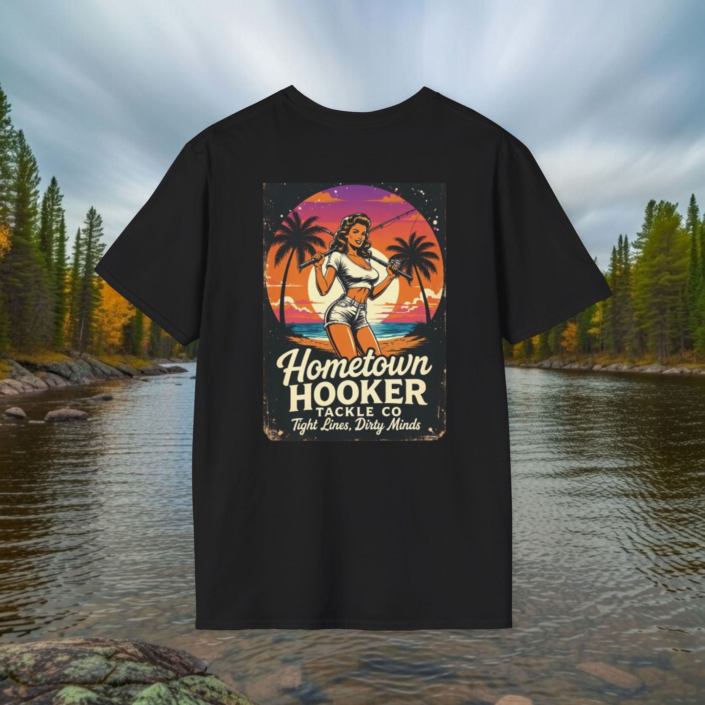 Hometown Hooker Tackle Co. Retro Pin-Up Tee | Funny Unisex Fishing Shirt