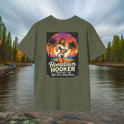 Hometown Hooker Tackle Co. Retro Pin-Up Tee | Funny Unisex Fishing Shirt