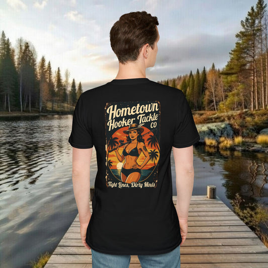 Hometown Hooker Tackle Co. Retro Pin-Up Graphic Tee-Unisex Funny Fishing T-Shirt