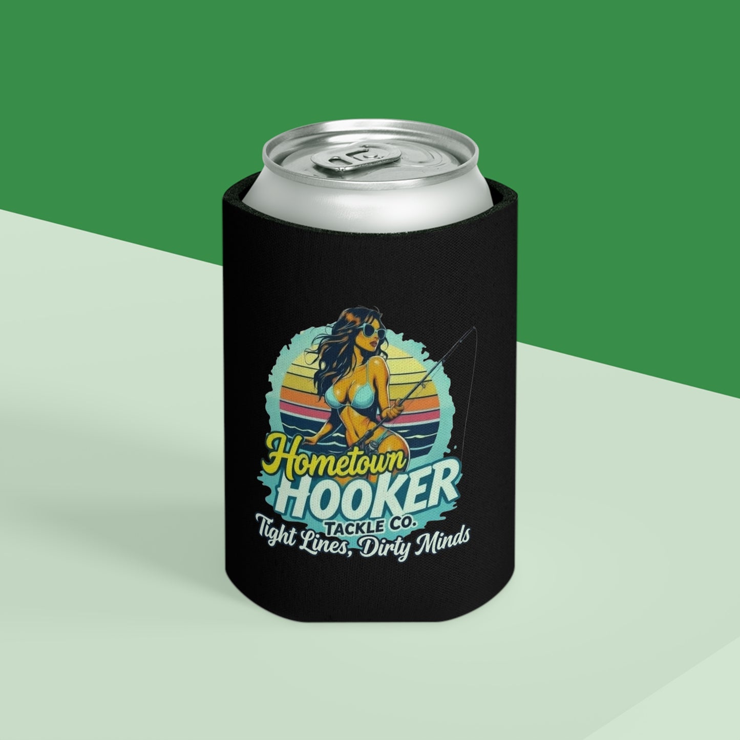 Hometown Hooker Tackle Co Can Cooler – Tight Lines, Dirty Minds Retro Fishing Koozie