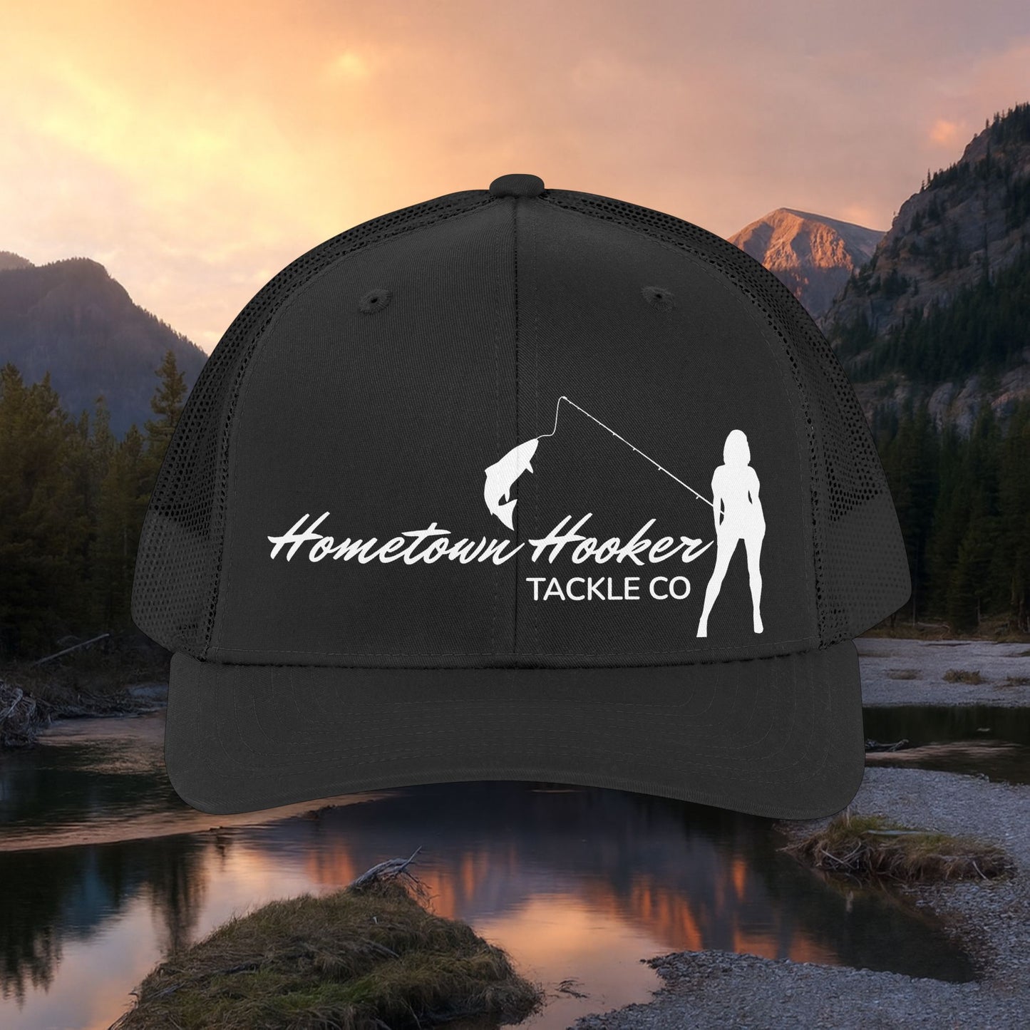 Hometown Hooker Trucker Hat — Black Mesh Snapback for Anglers with Attitude