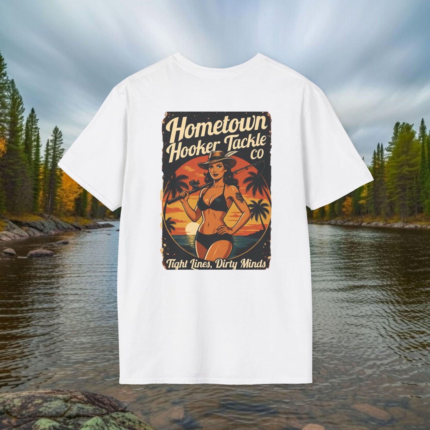 Hometown Hooker Tackle Co. Retro Pin-Up Graphic Tee-Unisex Funny Fishing T-Shirt