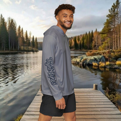 Hometown Hooker Tackle Co UPF 50+ Hooded Fishing Shirt –Grey-Lightweight Sun Protection Hoodie, Moisture-Wicking Performance Sun Shirt for Anglers – Tight Lines, Dirty Minds