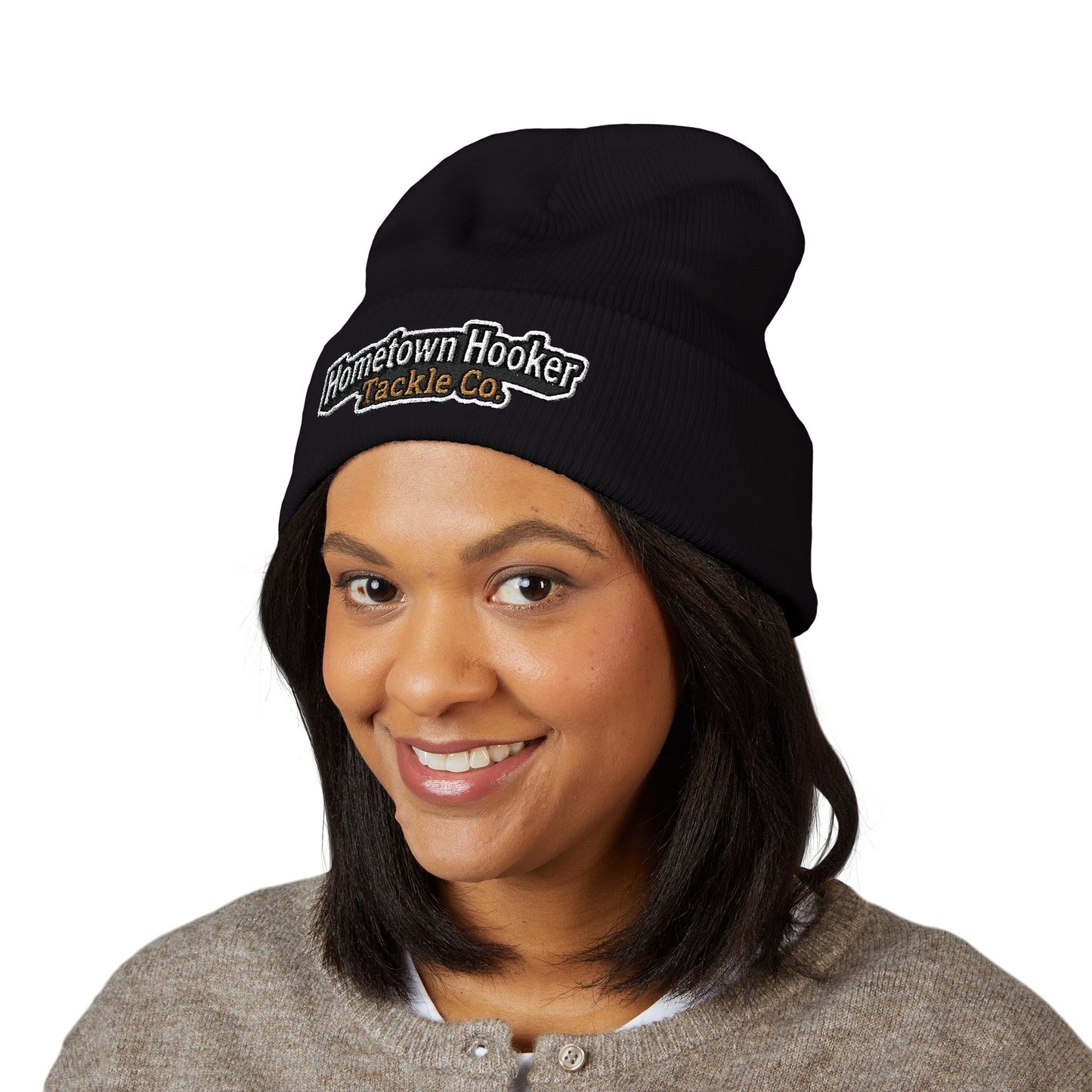 Hometown Hooker Embroidered Cuffed Beanie - Funny Fishing Beanie Hat, Adult Humor Fisherman Gift, Lake Life Winter Hat, Bass Fishing Accessory