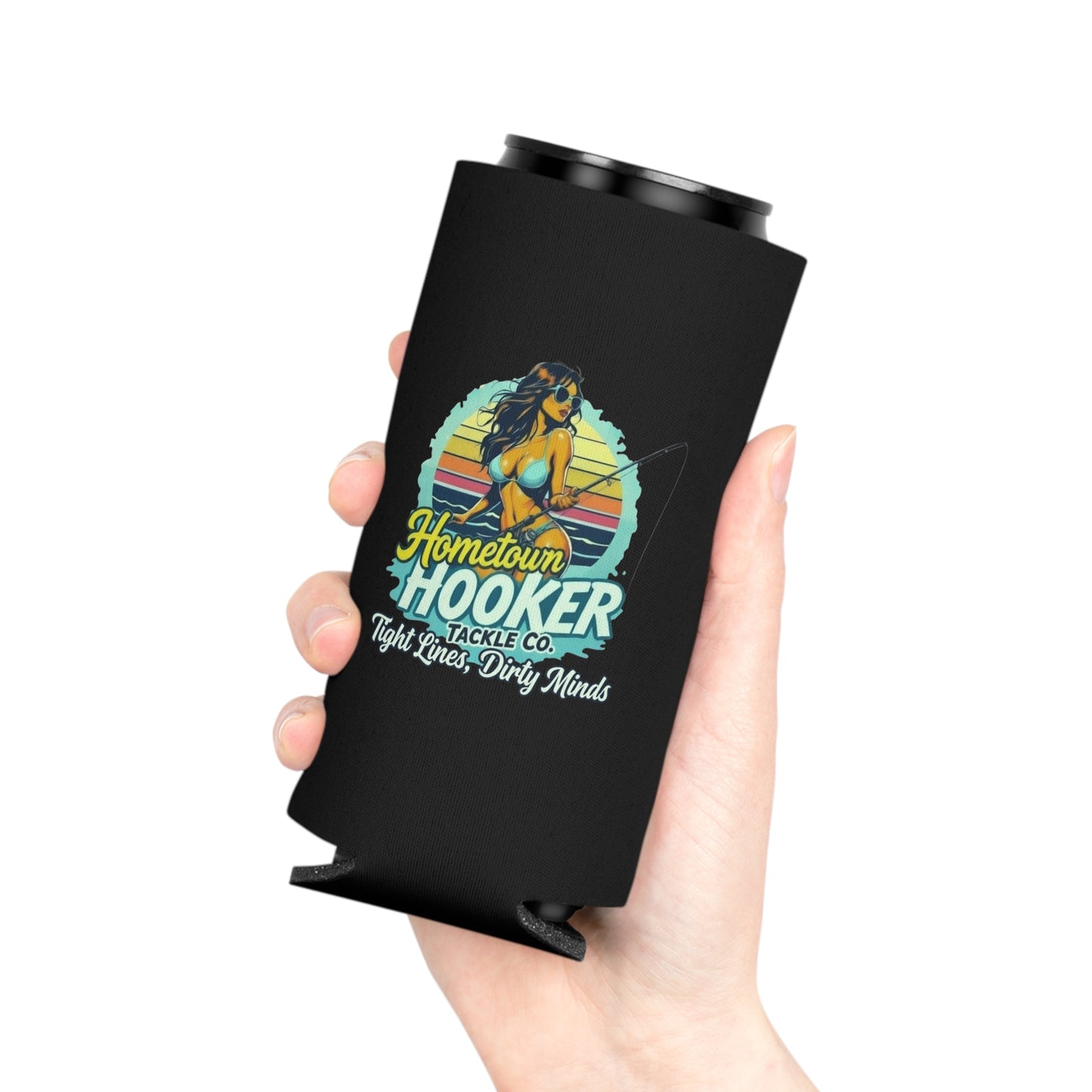 Hometown Hooker Tackle Co Can Cooler – Tight Lines, Dirty Minds Retro Fishing Koozie