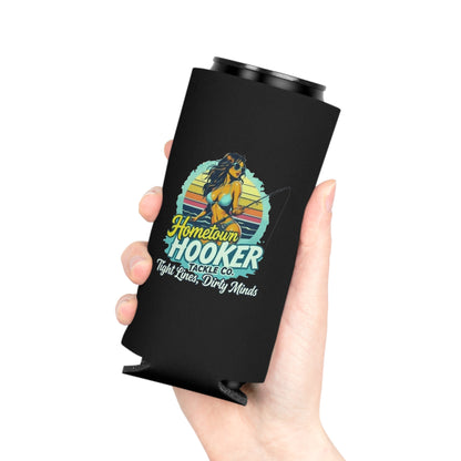 Hometown Hooker Tackle Co Can Cooler – Tight Lines, Dirty Minds Retro Fishing Koozie