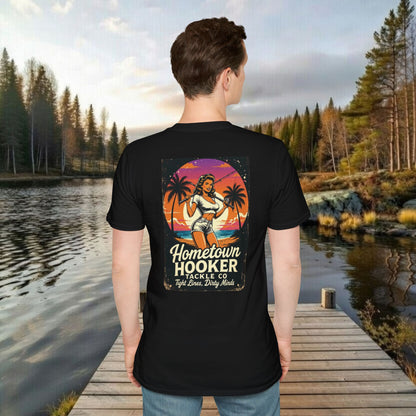 Hometown Hooker Tackle Co. Retro Pin-Up Tee | Funny Unisex Fishing Shirt