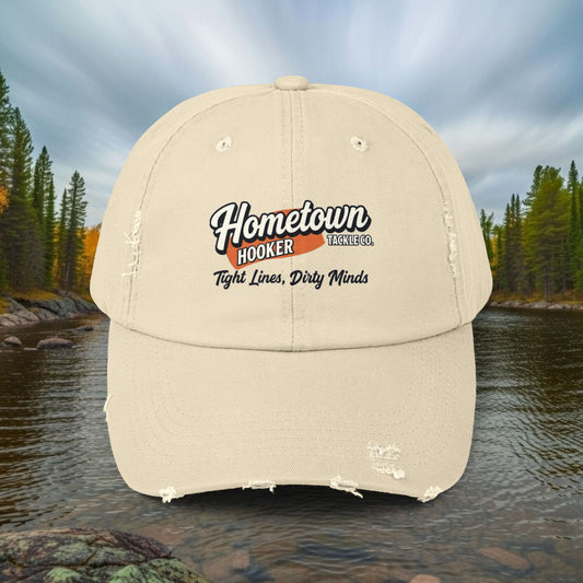Hometown Hooker Tackle Co Vintage Distressed Fishing Hat – Worn-In Cotton Dad Cap for River Days & Quiet Confidence