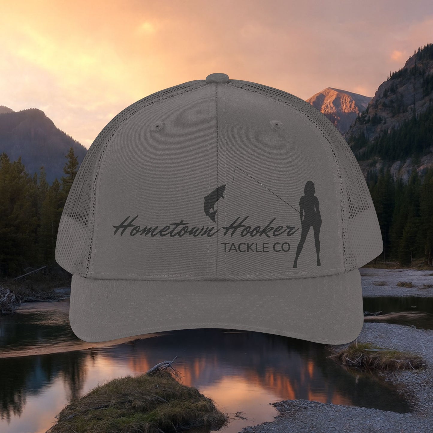 Hometown Hooker Trucker Hat — Black Mesh Snapback for Anglers with Attitude