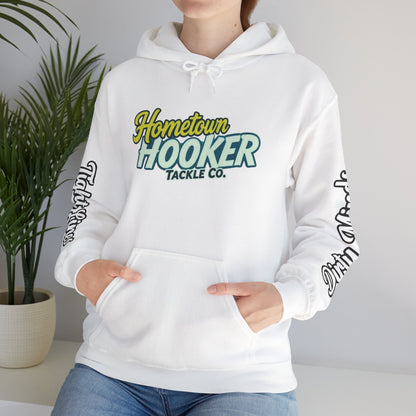 Hometown Hooker Tackle Co. Hoodie – Funny Fishing Hoodie, Retro Sunset Angler Graphic, Adult Humor Fisherman Sweatshirt, Tight Lines Dirty Minds Gift