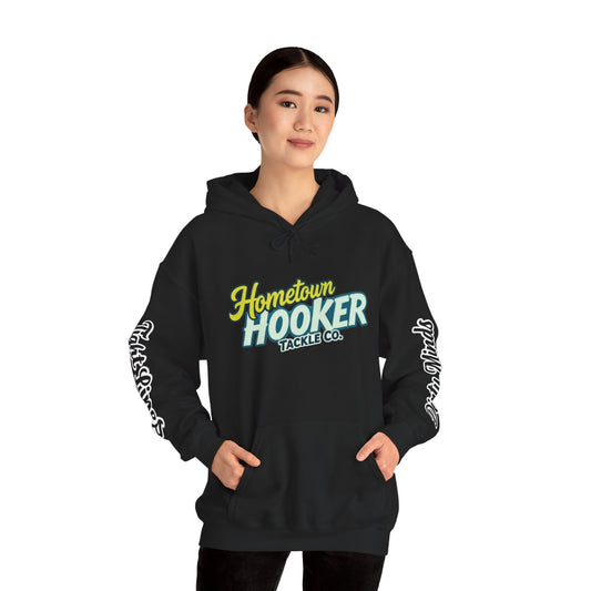 Hometown Hooker Tackle Co. Hoodie – Funny Fishing Hoodie, Retro Sunset Angler Graphic, Adult Humor Fisherman Sweatshirt, Tight Lines Dirty Minds Gift