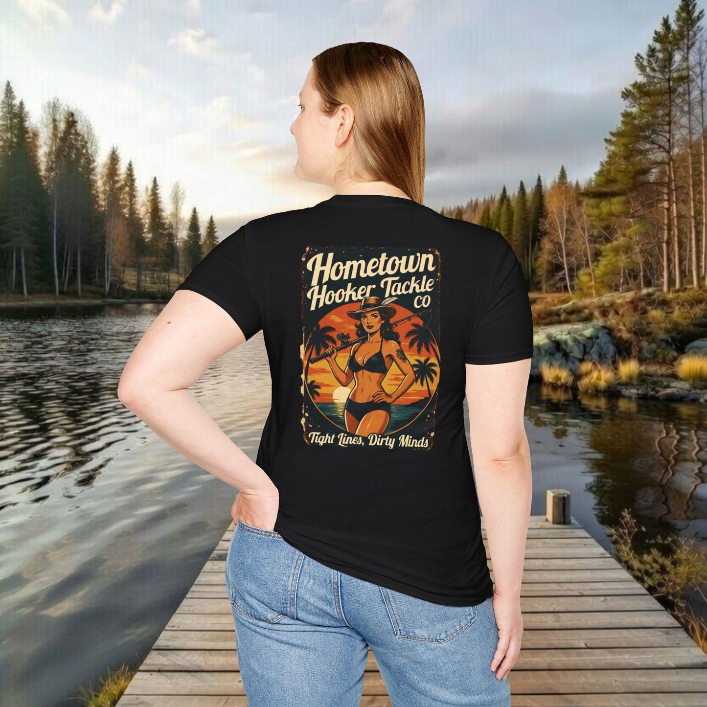 Hometown Hooker Tackle Co. Retro Pin-Up Graphic Tee-Unisex Funny Fishing T-Shirt
