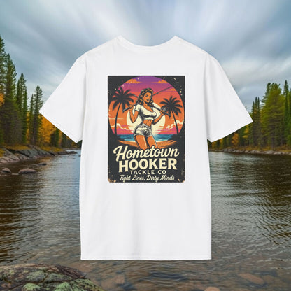 Hometown Hooker Tackle Co. Retro Pin-Up Tee | Funny Unisex Fishing Shirt