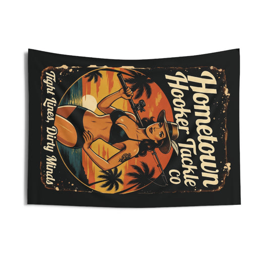 Hometown Hooker Tackle Co. Tight Lines, Dirty Minds- Retro Beach Pinup Wall Tapestry