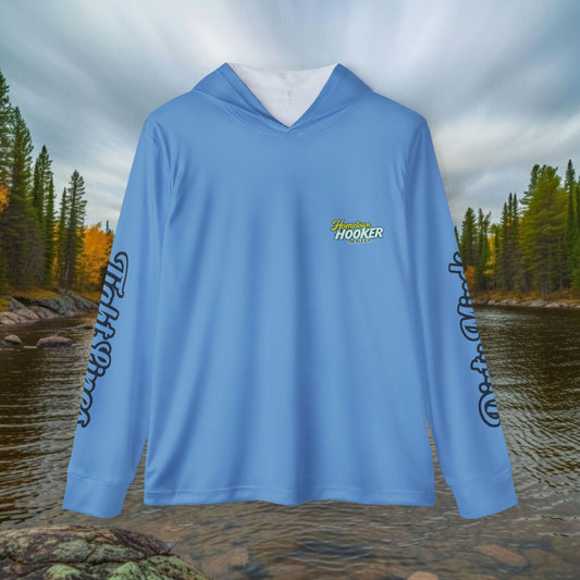 Hometown Hooker Tackle Co UPF 50+ Hooded Fishing Shirt - Blue– Lightweight Sun Protection Hoodie, Moisture-Wicking Performance Sun Shirt for Anglers – Tight Lines, Dirty Minds