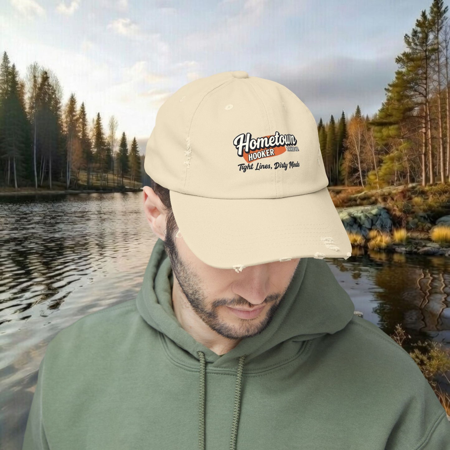 Hometown Hooker Tackle Co Vintage Distressed Fishing Hat – Worn-In Cotton Dad Cap for River Days & Quiet Confidence
