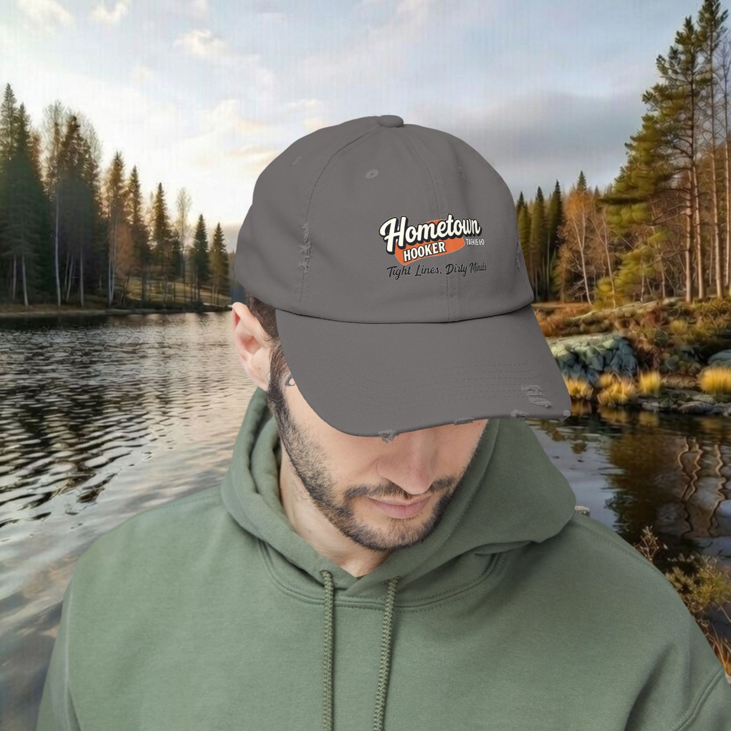 Hometown Hooker Tackle Co Vintage Distressed Fishing Hat – Worn-In Cotton Dad Cap for River Days & Quiet Confidence