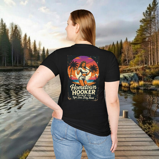 Hometown Hooker Tackle Co. Retro Pin-Up Tee | Funny Unisex Fishing Shirt