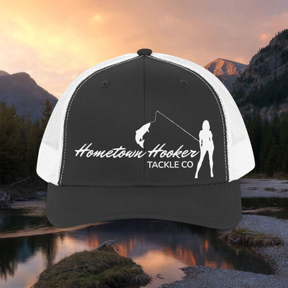 Hometown Hooker Trucker Hat — Black Mesh Snapback for Anglers with Attitude