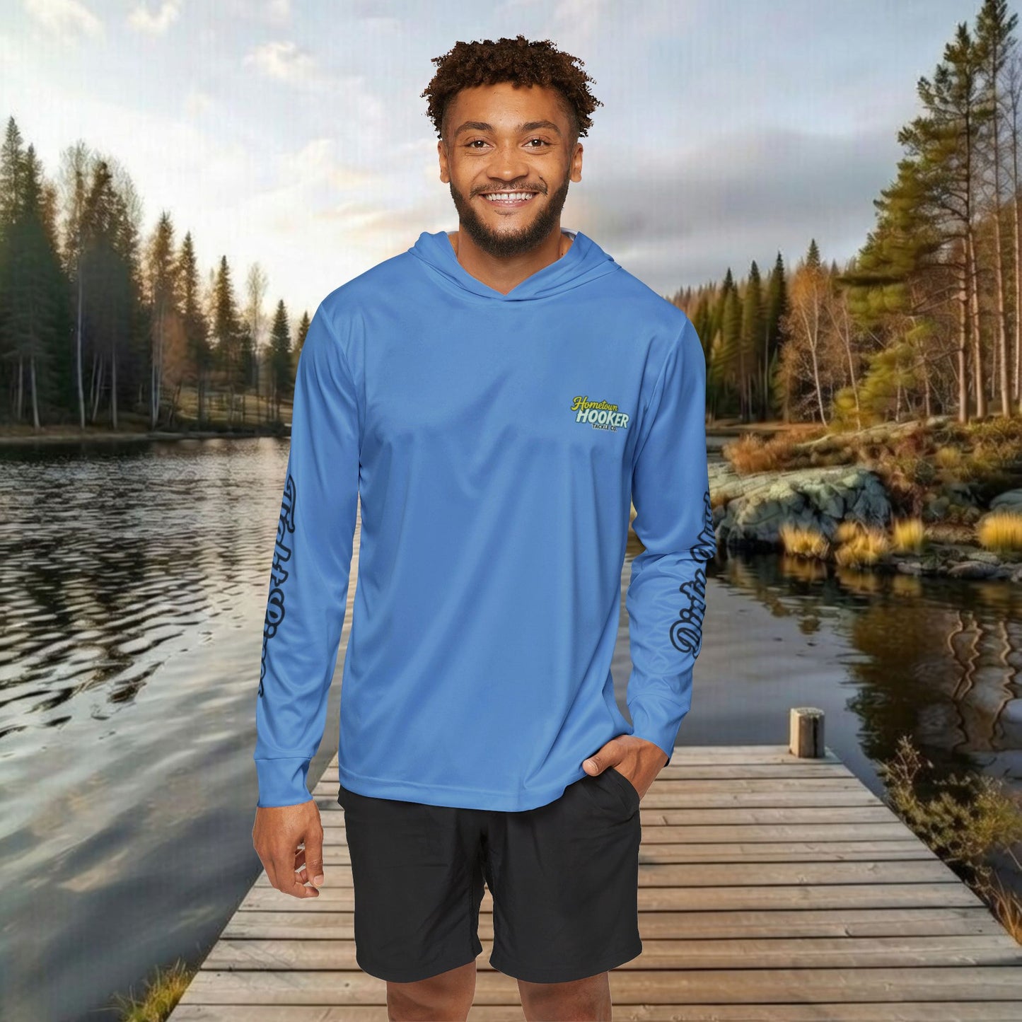 Hometown Hooker Tackle Co UPF 50+ Hooded Fishing Shirt - Blue– Lightweight Sun Protection Hoodie, Moisture-Wicking Performance Sun Shirt for Anglers – Tight Lines, Dirty Minds