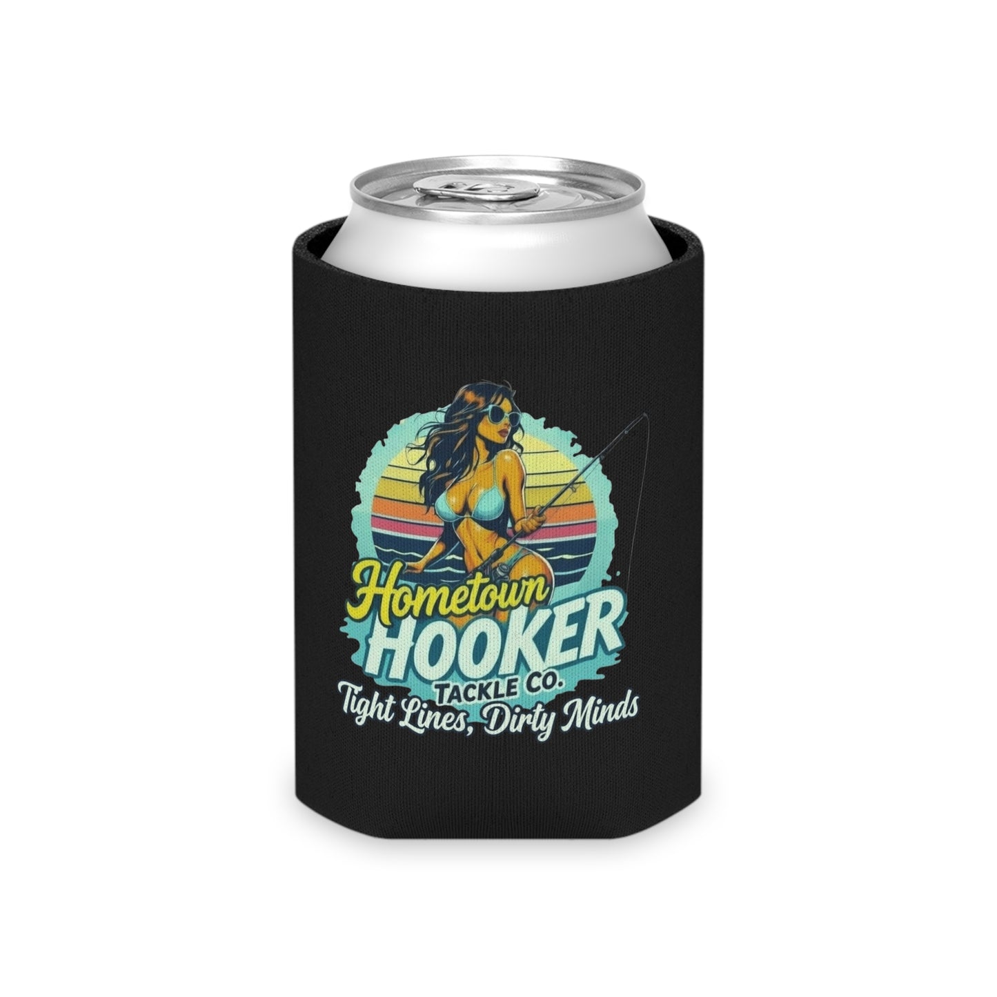 Hometown Hooker Tackle Co Can Cooler – Tight Lines, Dirty Minds Retro Fishing Koozie