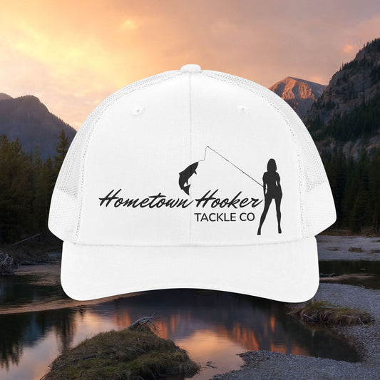 Hometown Hooker Trucker Hat — Black Mesh Snapback for Anglers with Attitude