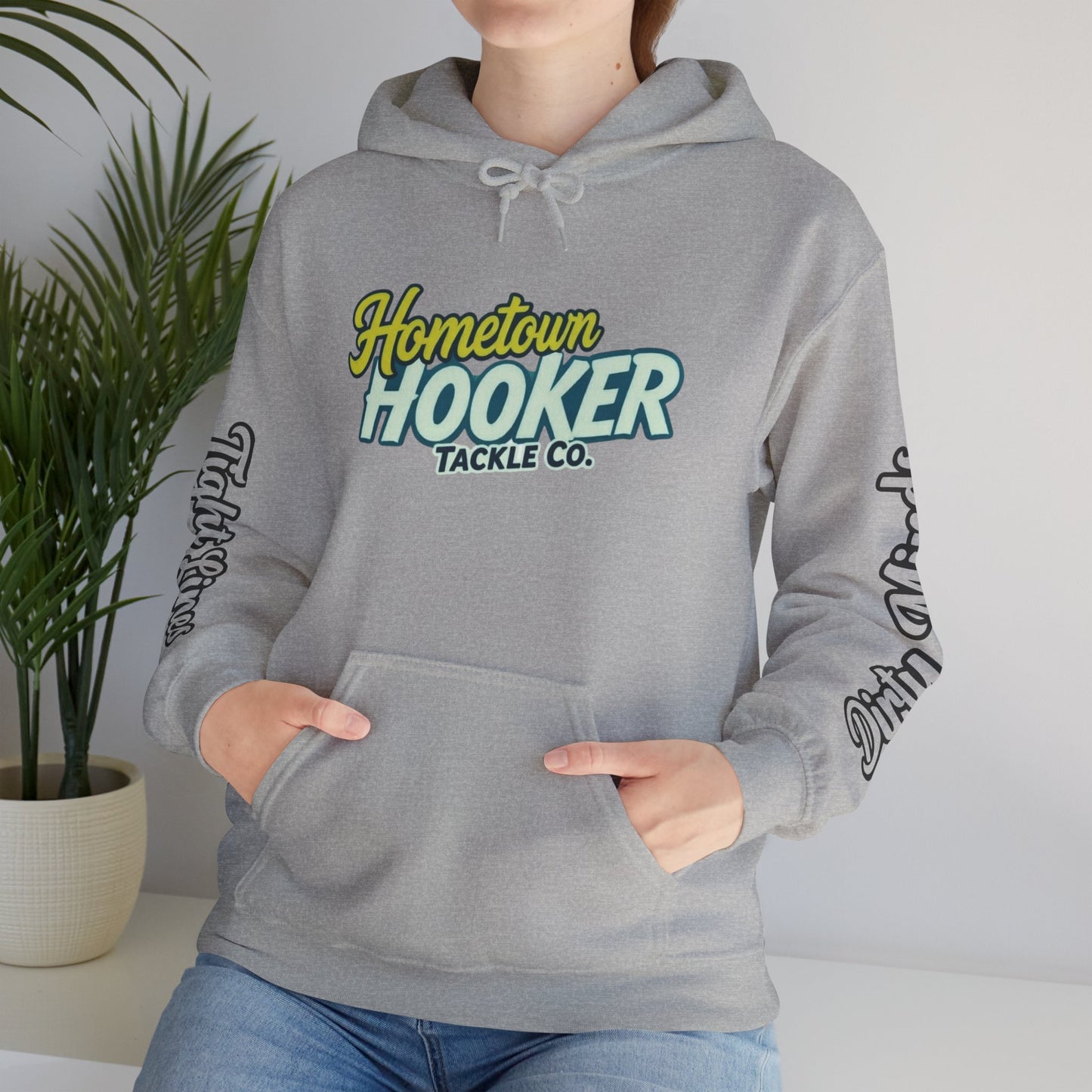 Hometown Hooker Tackle Co. Hoodie – Funny Fishing Hoodie, Retro Sunset Angler Graphic, Adult Humor Fisherman Sweatshirt, Tight Lines Dirty Minds Gift