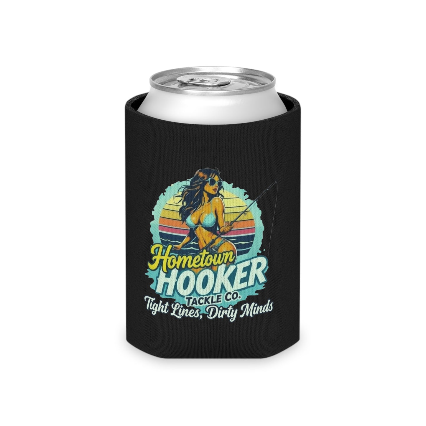 Hometown Hooker Tackle Co Can Cooler – Tight Lines, Dirty Minds Retro Fishing Koozie